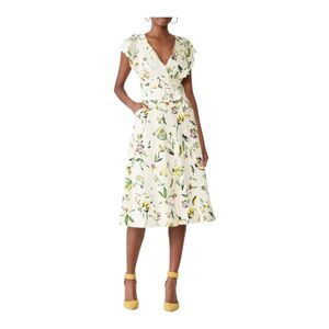 TANYA TAYLOR Inez Cream Floral Linen Flutter Sleeve Midi Dress Size 4 ($245)